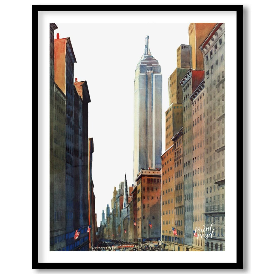 Fifth Avenue Empire State Painting available online at Paintroad showing American flags architectural art and city life