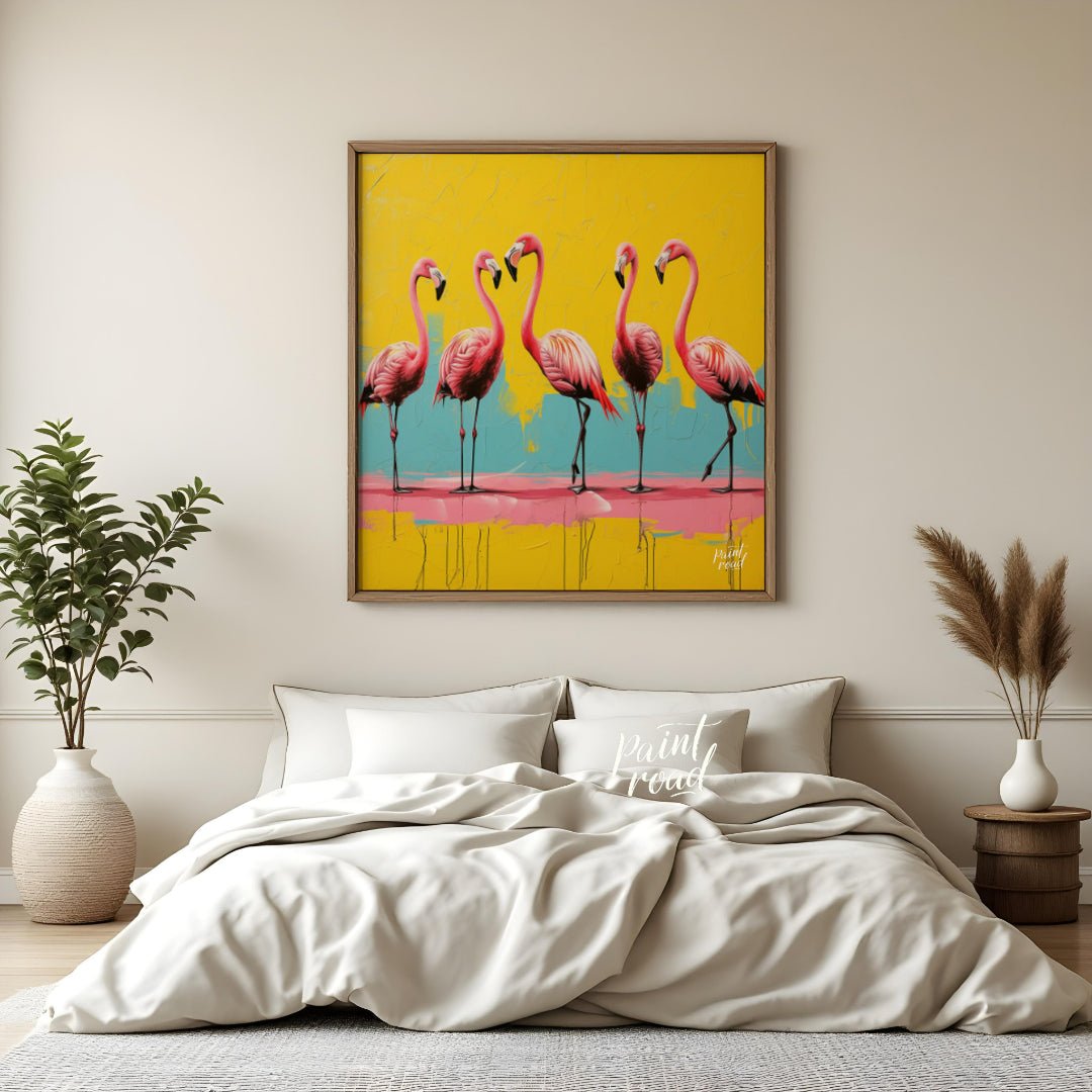"Flamingo Fiesta" presents a vibrant canvas print featuring five pink flamingos against a backdrop … for bedroom