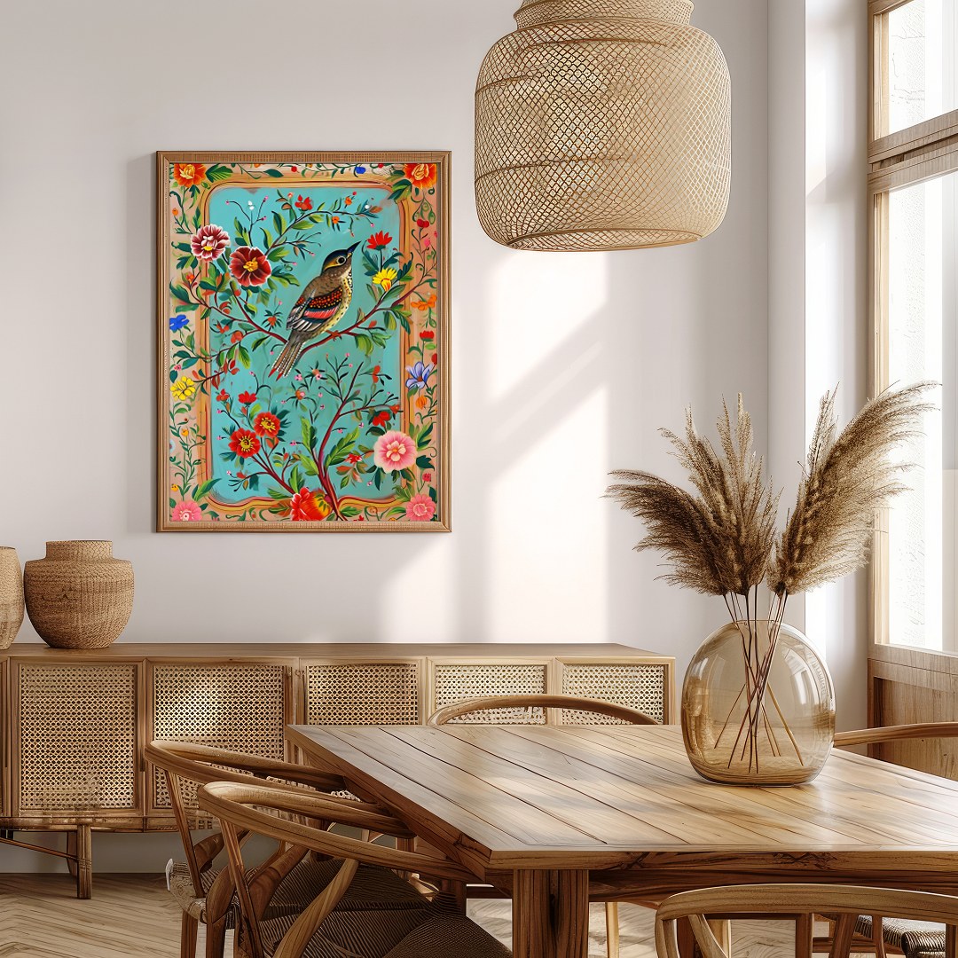Delight in the vibrant beauty of nature with this exquisite artwork, capturing a bird amidst a lush for Extra Kitchen