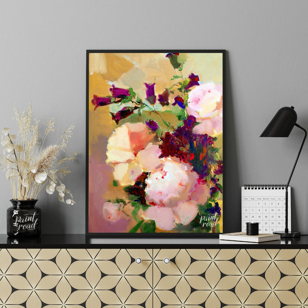 This painting captures a bouquet of flowers in a soft, impressionistic style, with gentle brushstro… for living room