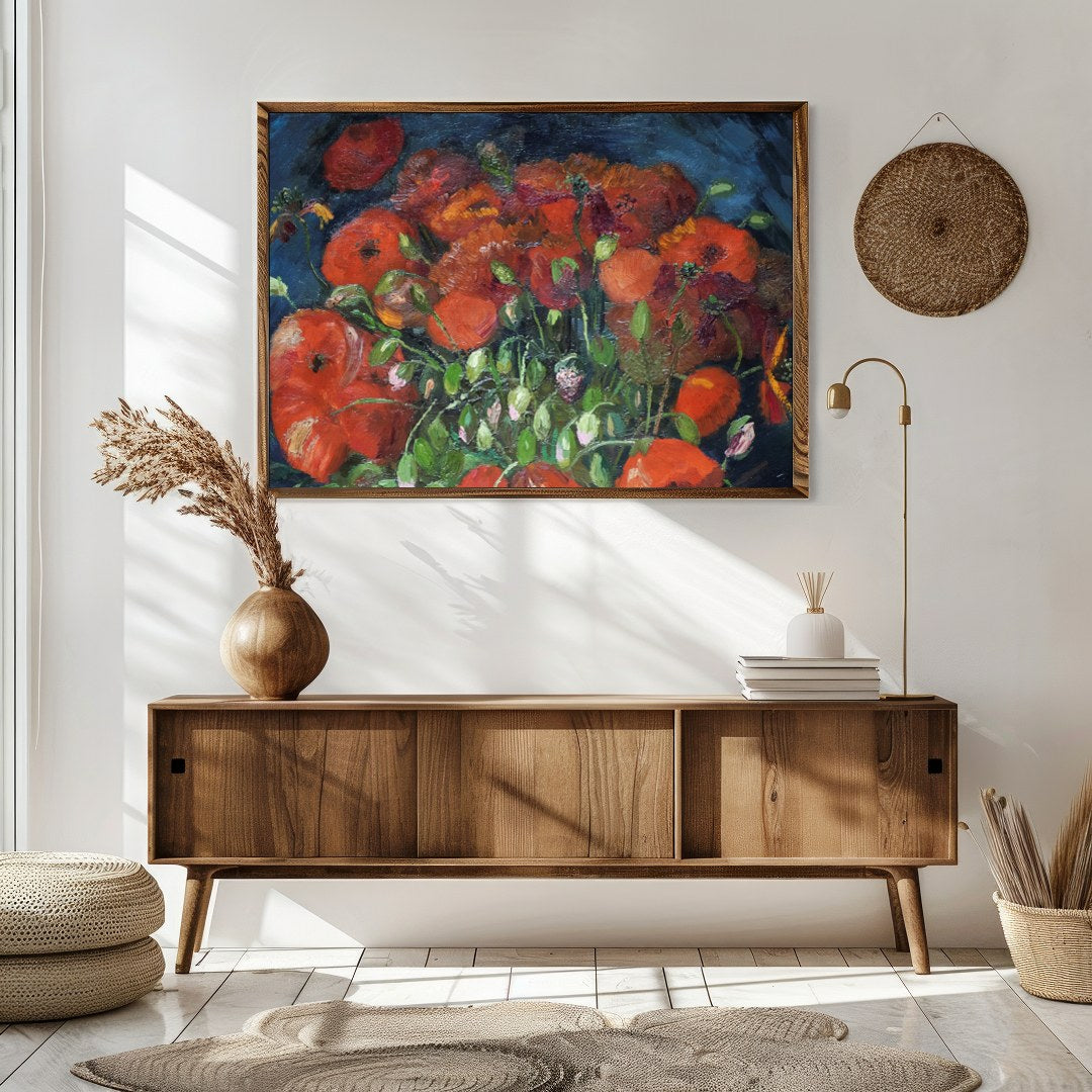 Immerse yourself in the vivid allure of poppies bursting with life against a deep midnight blue for Sitting Area