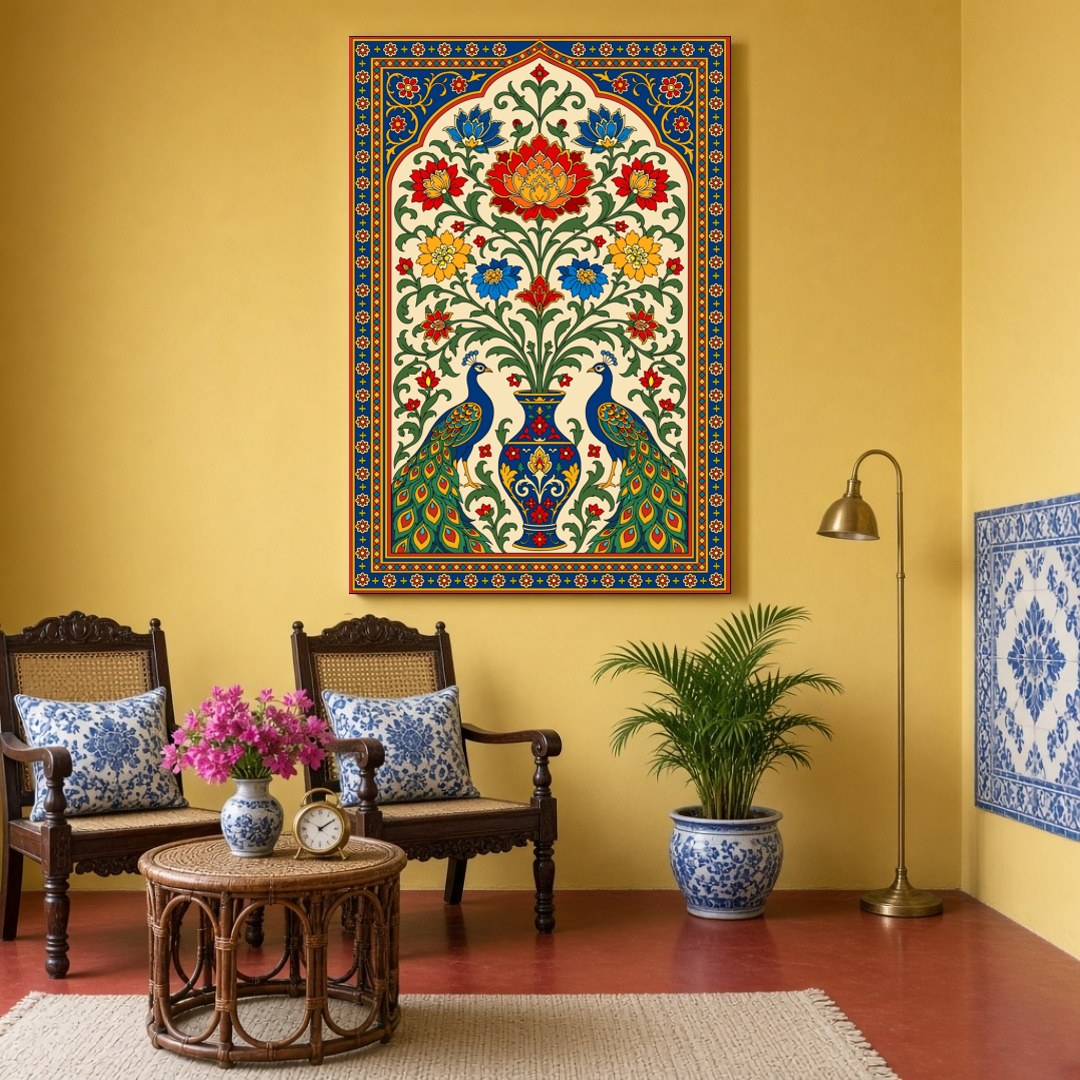 Experience the opulence and splendor of Pichwai art with this exquisite depiction of regal peacocks for Sitting Area