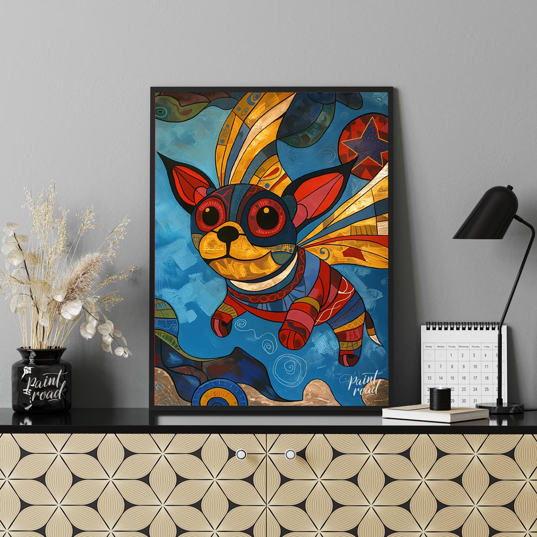 This vibrant and whimsical painting depicts a chihuahua-like dog with large, expressive eyes and or… for office