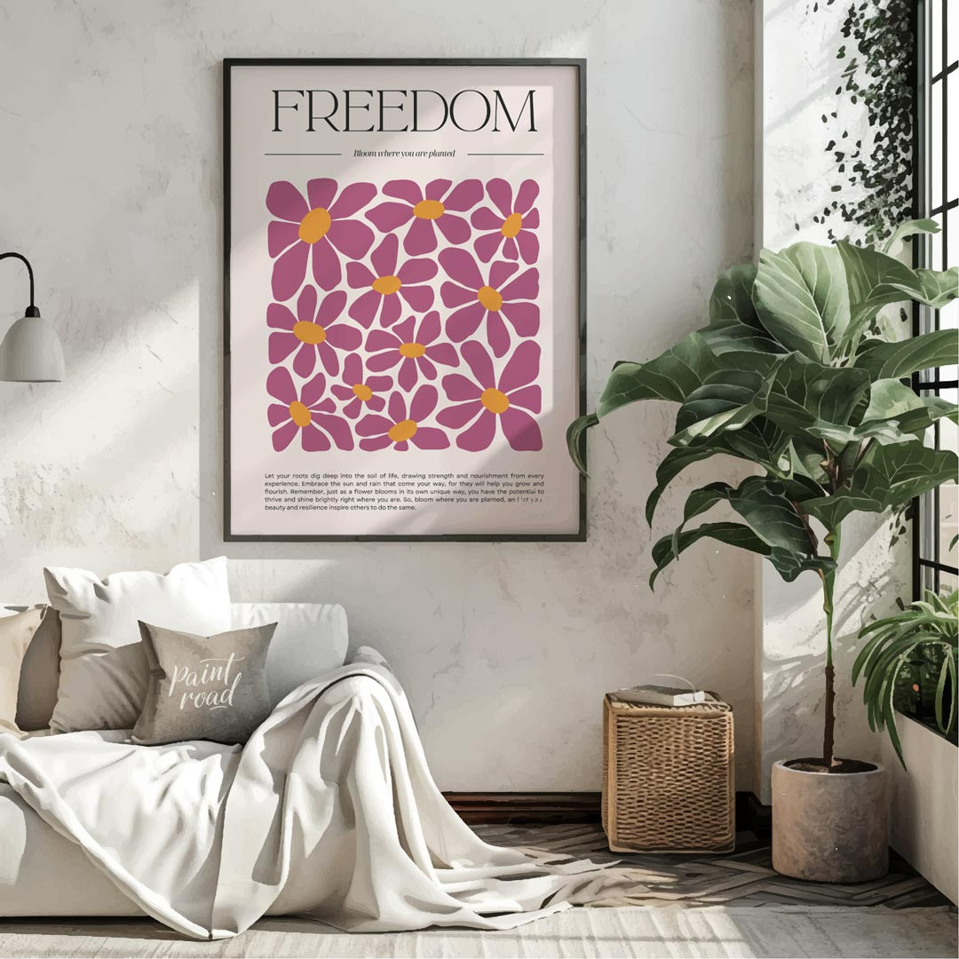 This inspiring and visually rich artwork centers around the bold, serif-font title “FREEDOM” at the… for living room