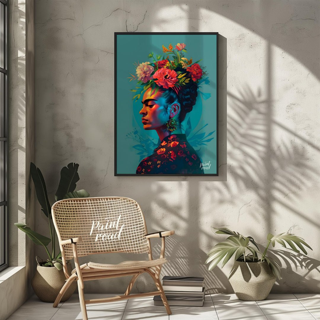 Frida's Floral Crown Painting available online at Paintroad showing Artist Bedroom and Blooms
