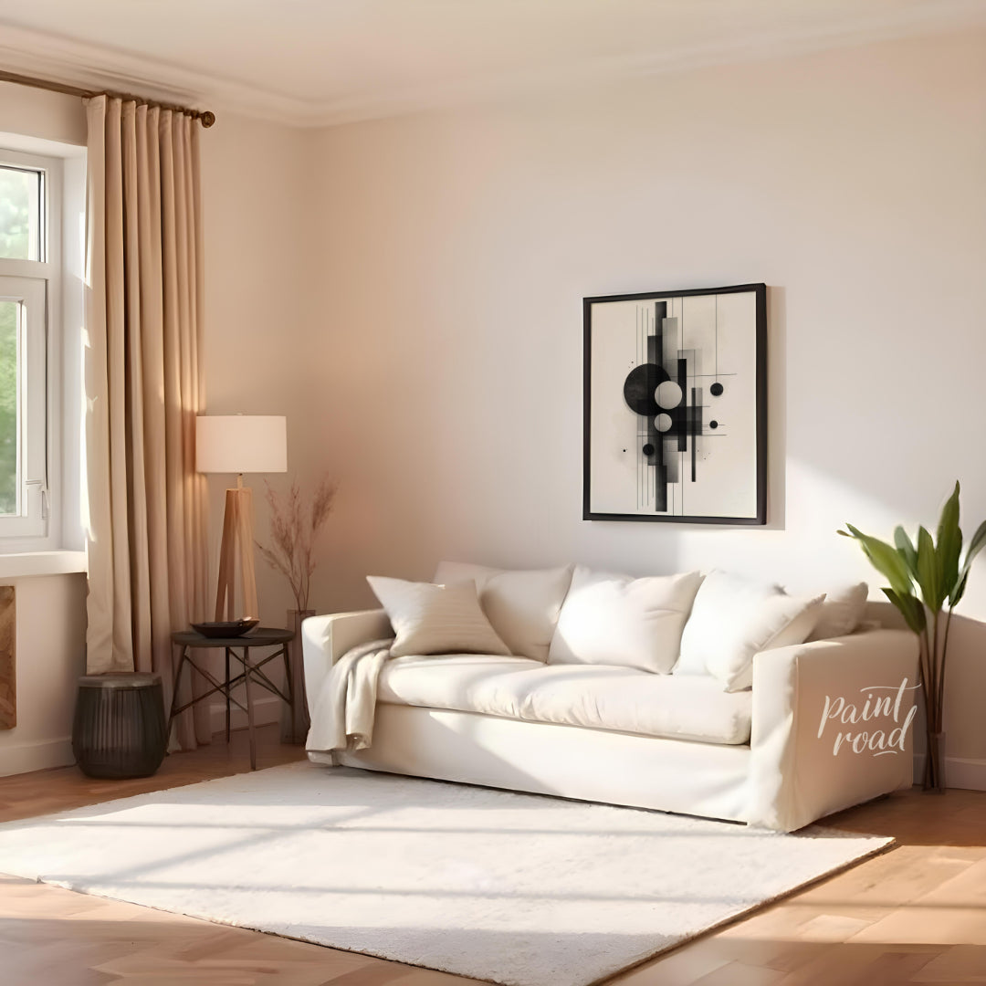 This digital artwork features a minimalist composition of geometric shapes rendered in shades of bl… for living room