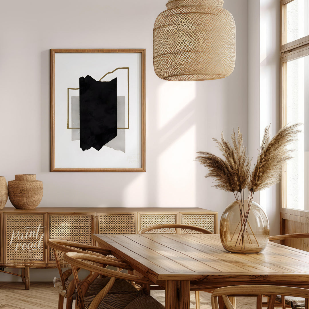 """Geometric Fragment"" presents a minimalist abstract composition with a focus on geometric shapes… for dining room