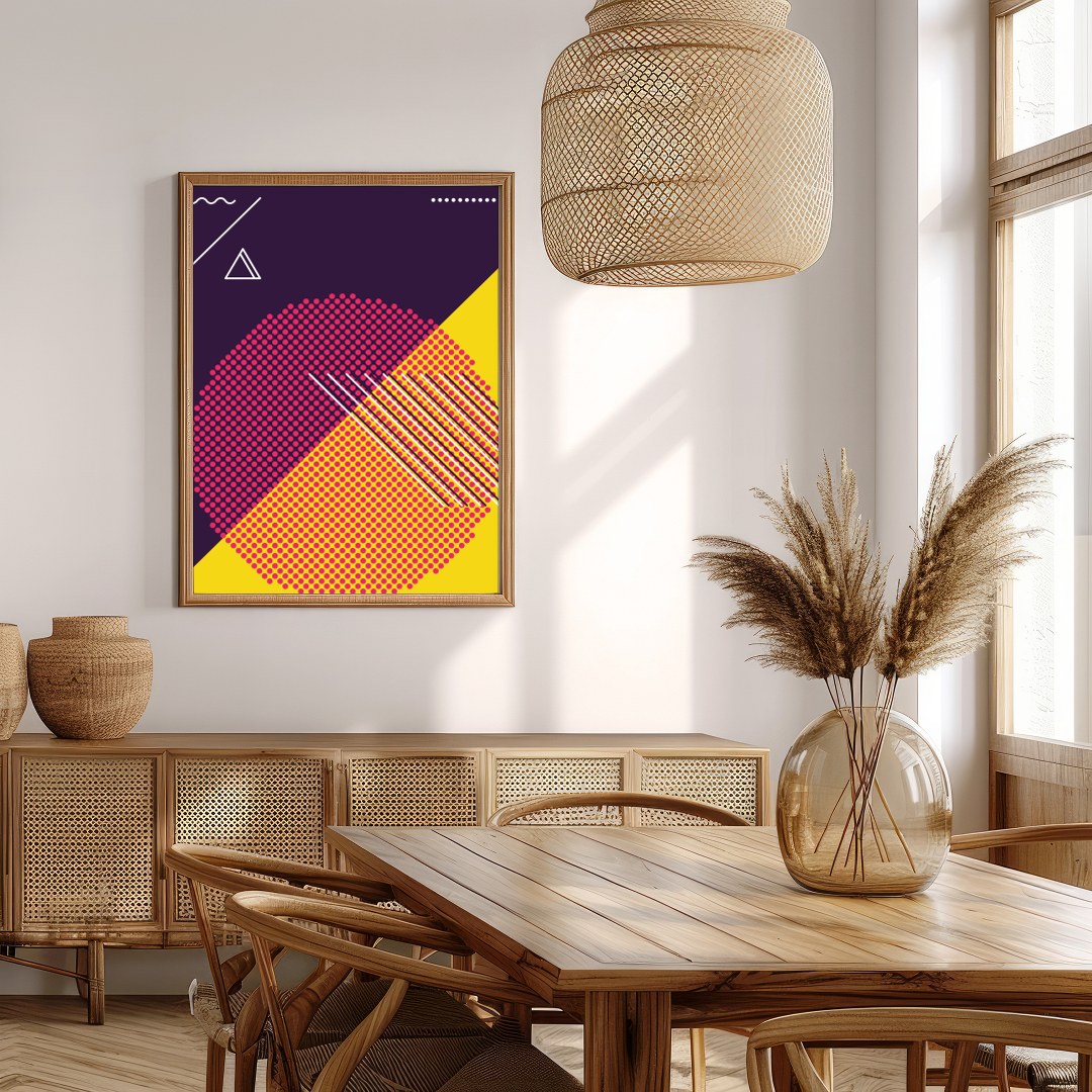 Explore the vibrant clash of hues and forms in this dynamic abstract piece. Featuring bold for Extra Kitchen