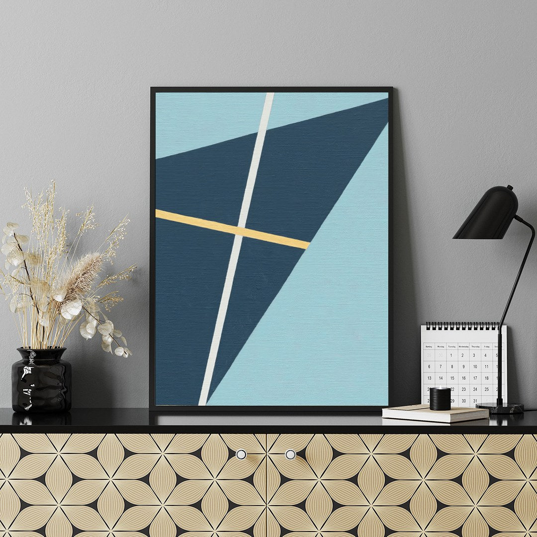 This striking geometric art piece showcases a dynamic interplay of shapes and lines against a soft for Shelf