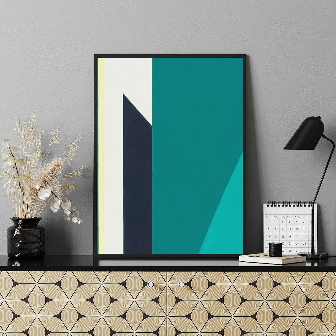 Immerse yourself in the tranquility of 'Geometric Peaks,' where bold shapes converge in a pristine for Shelf