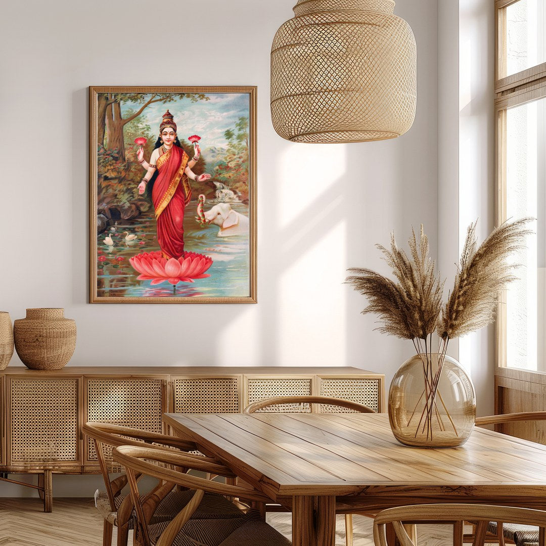Immerse yourself in the divine grace of 'Goddess Lakshmi on Lotus by the River,' an exquisite piece for Extra Kitchen