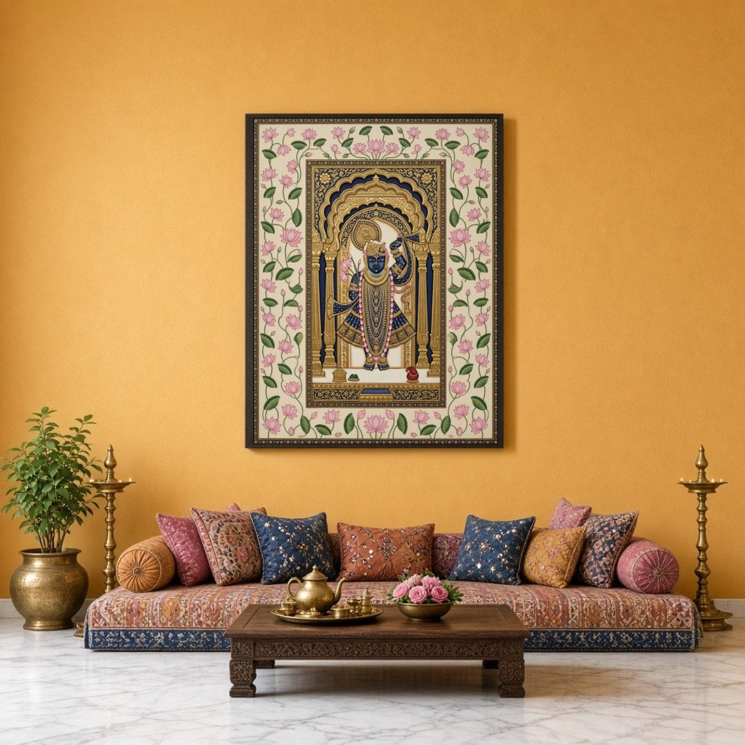 Experience the divine elegance of Shrinathji captured in regal attire, beautifully framed within for Sitting Lounge