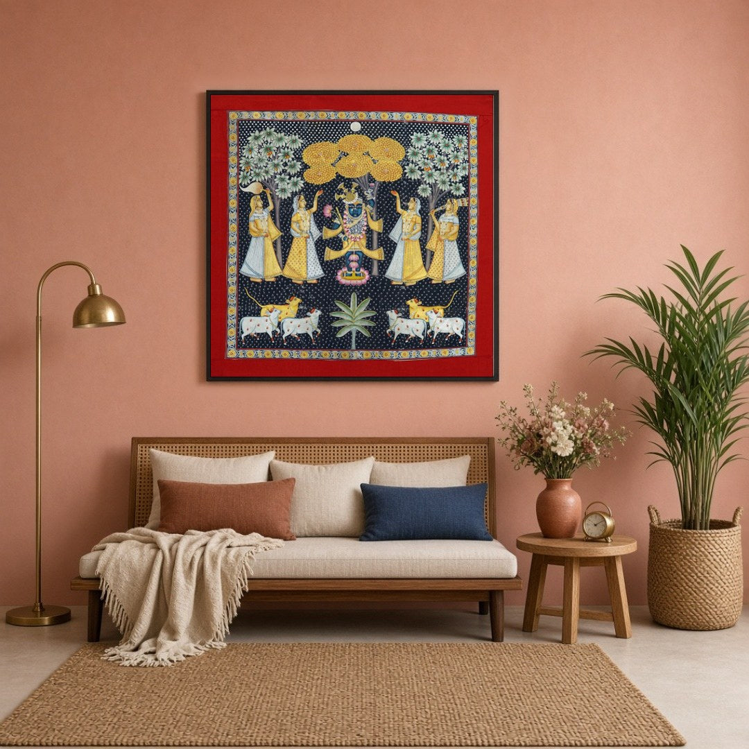 This exquisite Pichwai painting captures the divine presence of Shrinathji amidst a serene for Sitting Lounge
