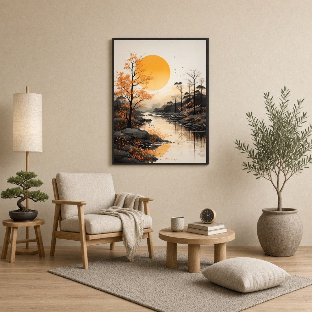 Immerse yourself in the tranquil beauty of this serene river landscape captured in stunning detail. for Reading Nook