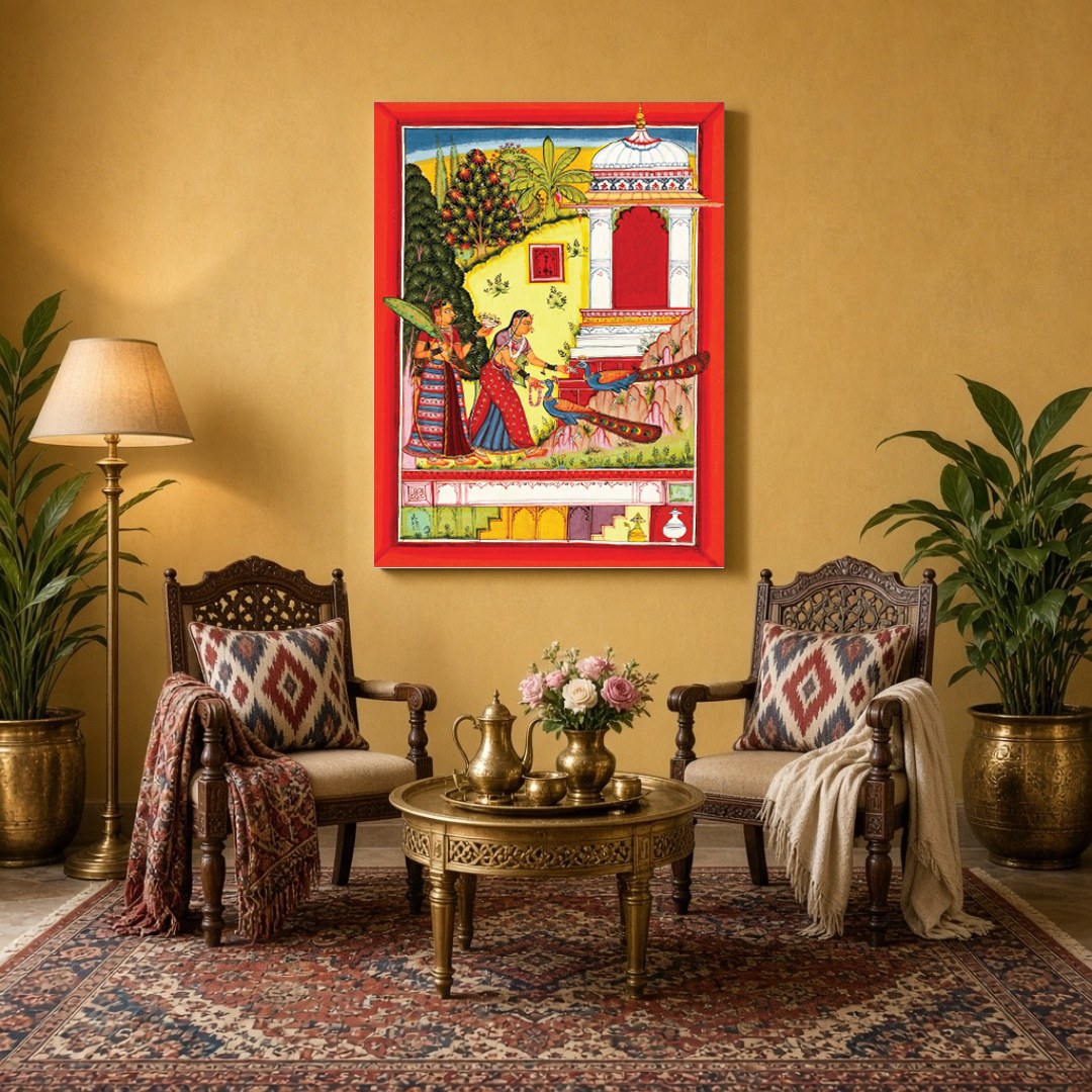 This vibrant artwork captures the elegance of two Mughal-era women alongside majestic peacocks in a for Sitting Area