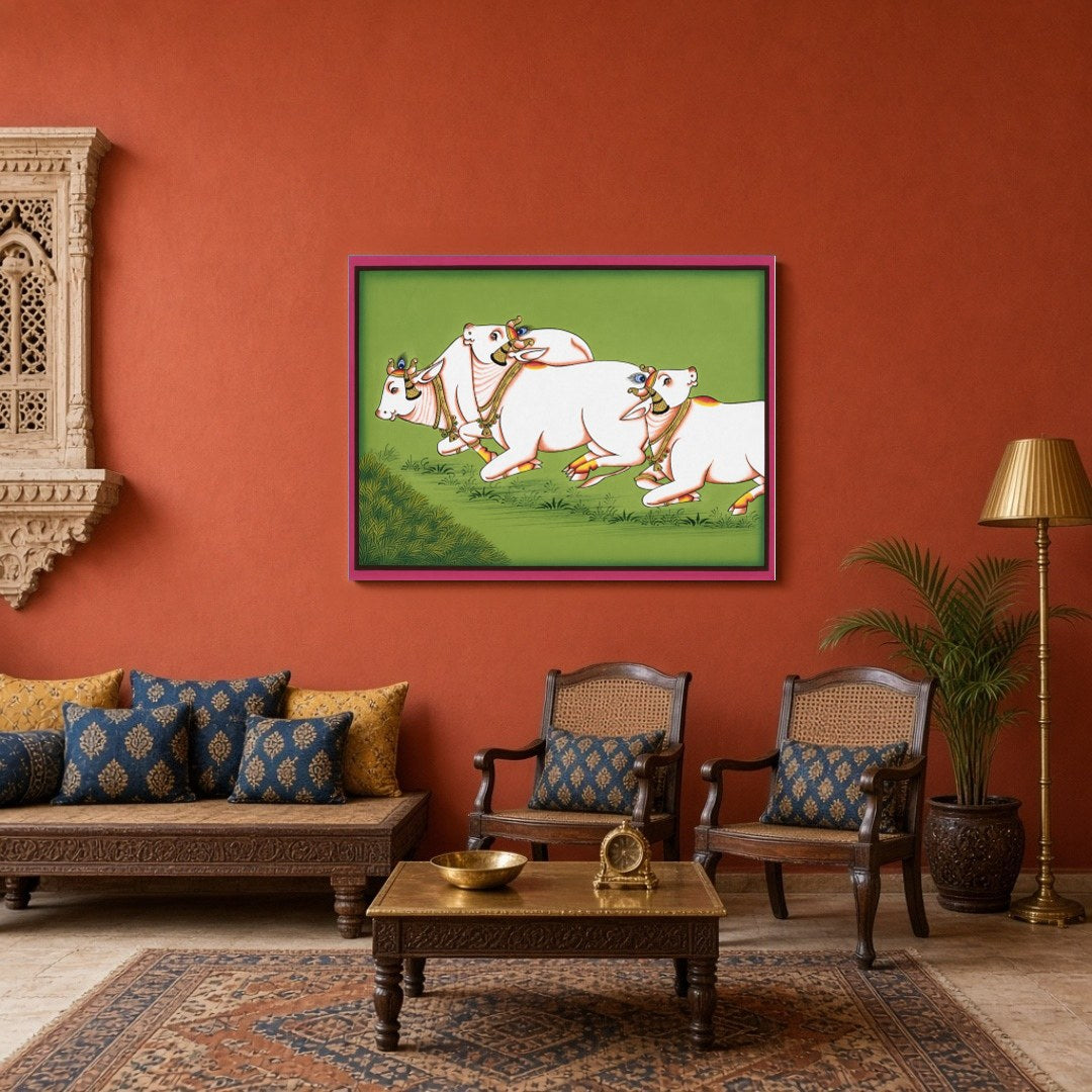 Immerse yourself in the serene elegance of traditional Pichwai art with 'Graceful Gallop.' This for Sitting Area