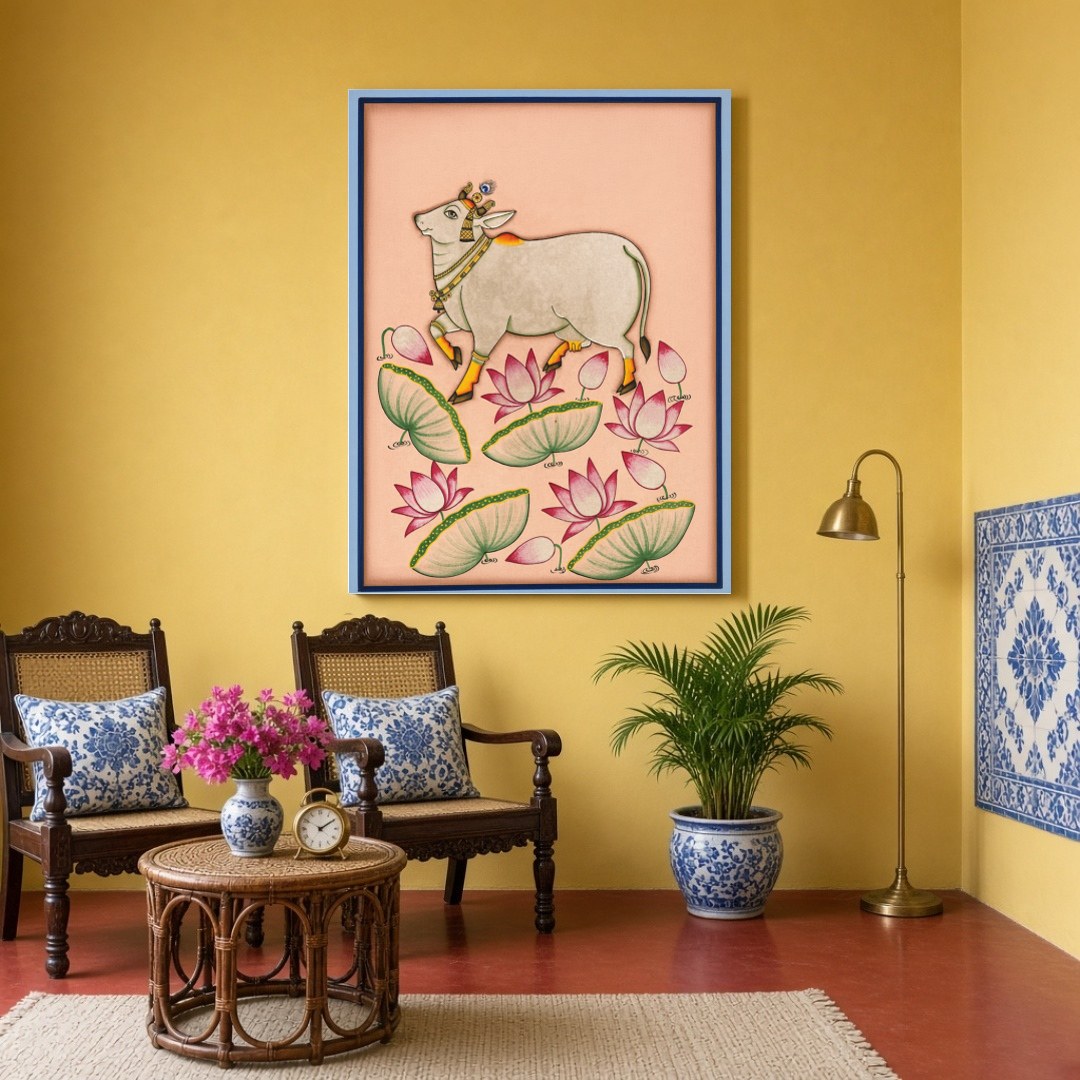 Immerse yourself in the tranquil beauty of this Pichwai artwork featuring a majestic Kamdhenu cow for Sitting Area