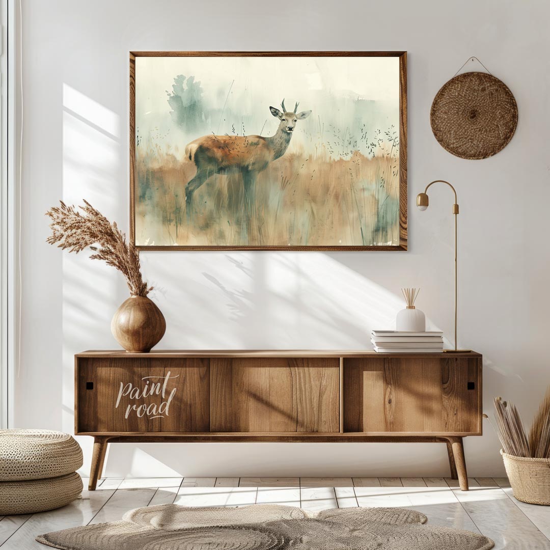 This serene watercolor painting captures a young stag standing gracefully in a field of tall, muted… for living room