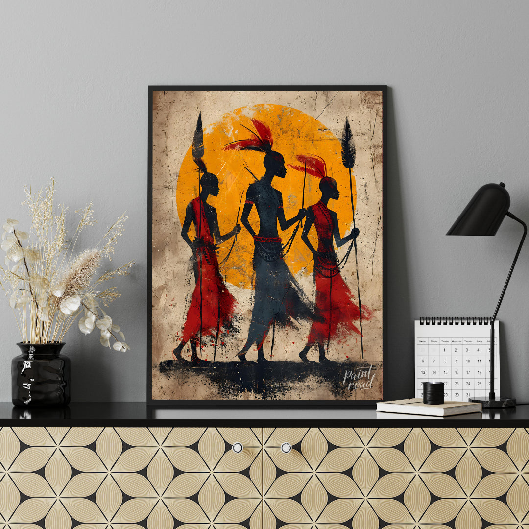 A powerful and evocative artwork depicting three figures walking towards a vibrant sun. The silhoue… for living room