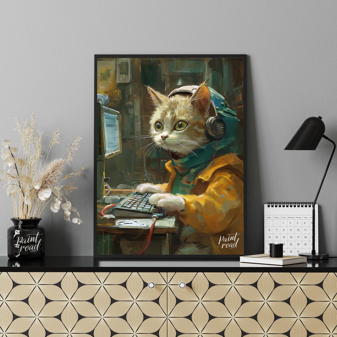 This captivating digital painting portrays a ginger and white cat engrossed in work at a computer, … for office
