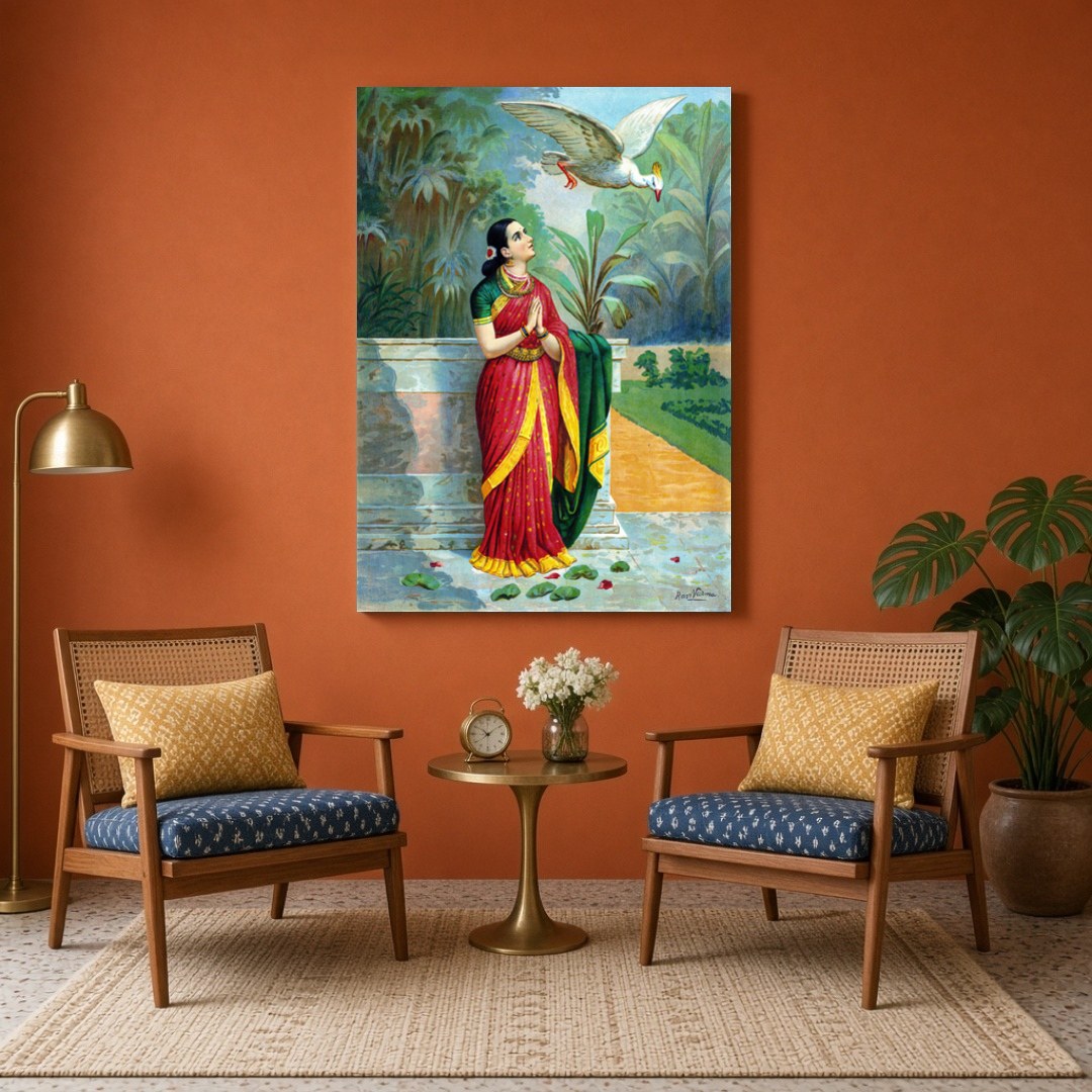 This exquisite print captures a serene moment from the Mahabharata, as Damayanti encounters a for Sitting Area