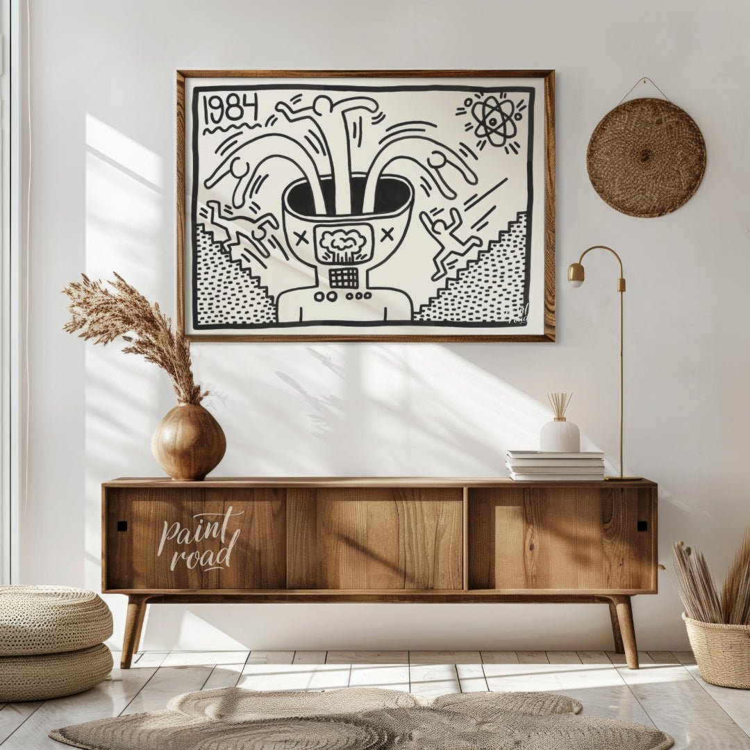 "Haring's 1984 Thought" presents a striking artwork in Keith Haring's signature style, featuring bo… for living room