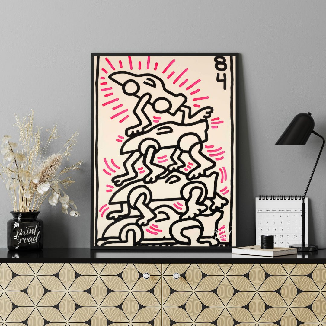 "Haring's Car Pile" presents a vibrant artwork in Keith Haring's signature style, featuring stylize… for office