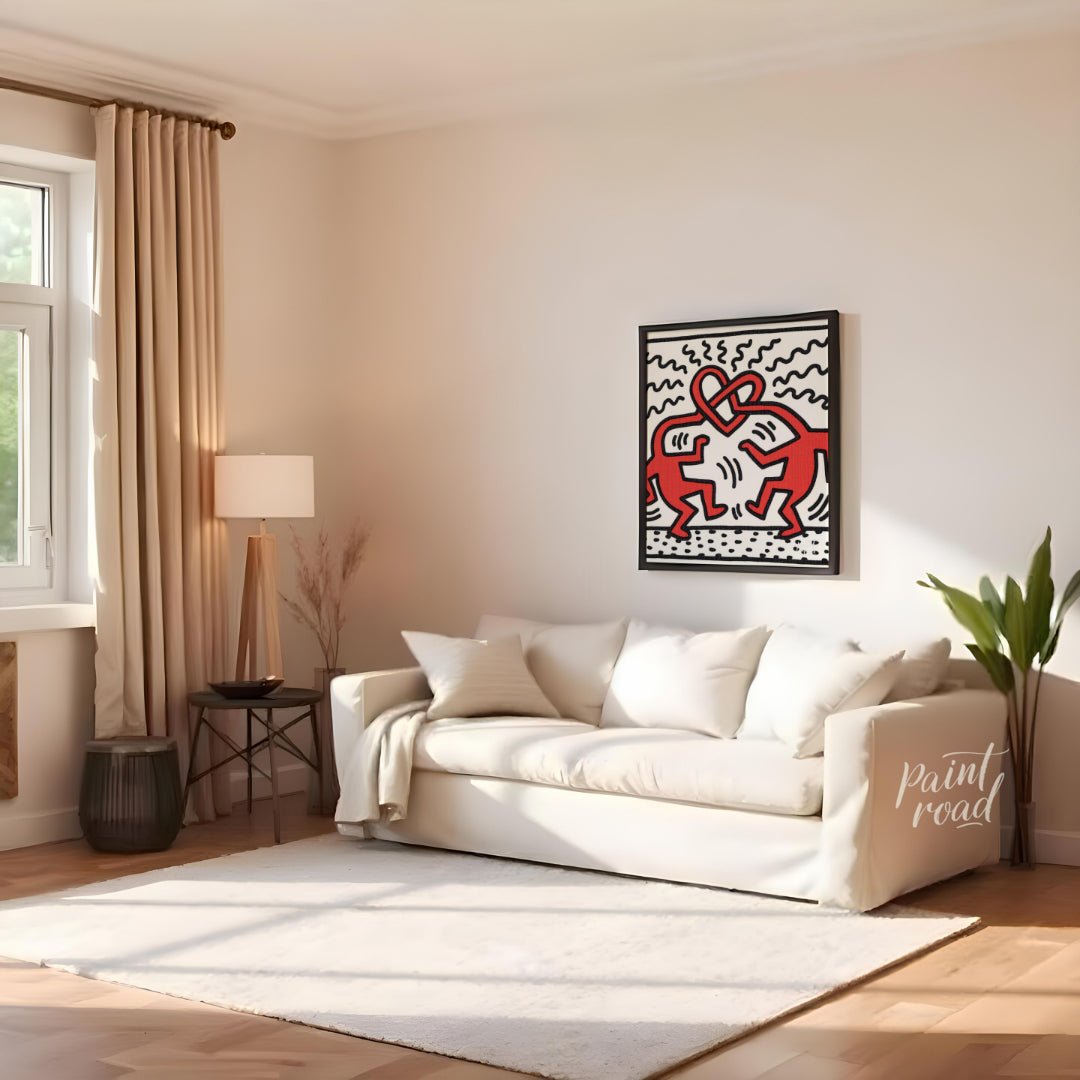 "Haring's Heart Dance" presents a vibrant artwork in Keith Haring's signature style, featuring two … for living room