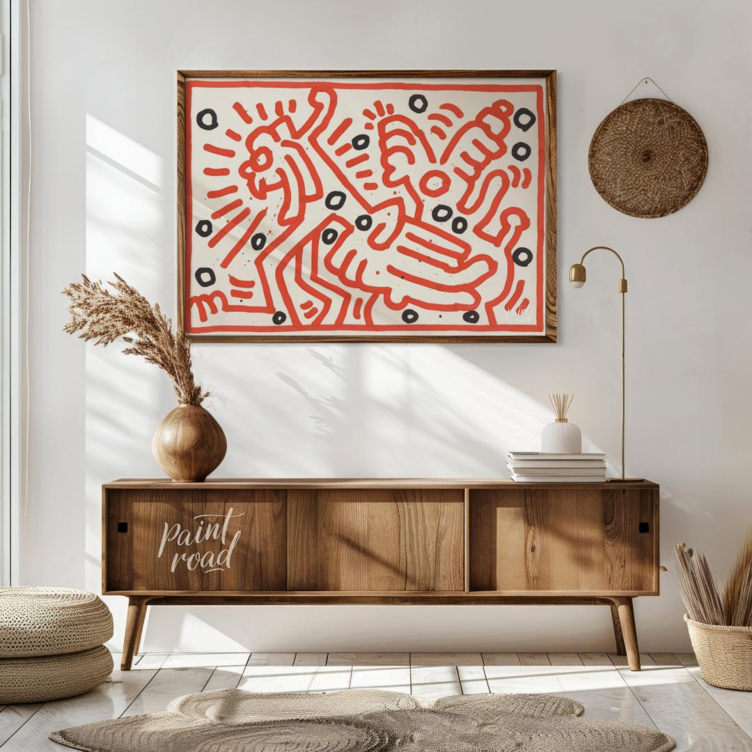 "Haring's Red Dance" presents a vibrant artwork in Keith Haring's signature style, featuring bold r… for living room