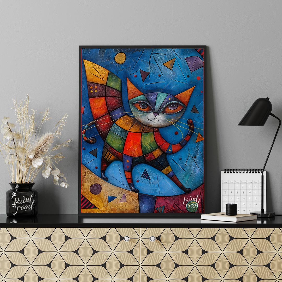This captivating mixed-media artwork presents a highly stylized and colorful cat figure, reminiscen… for office