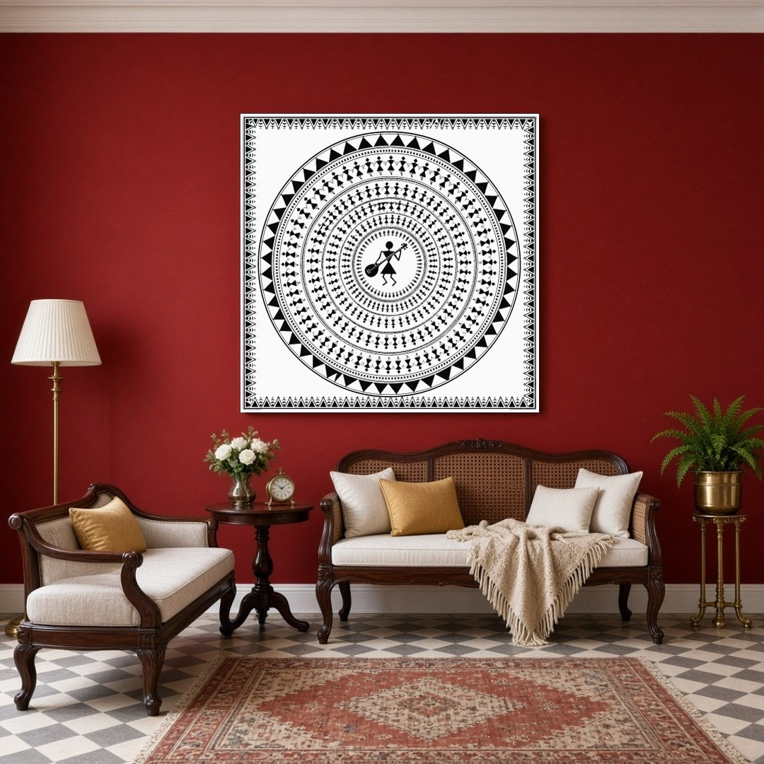 This captivating Warli art print features a central figure with a musical instrument, encircled by for Sitting Area