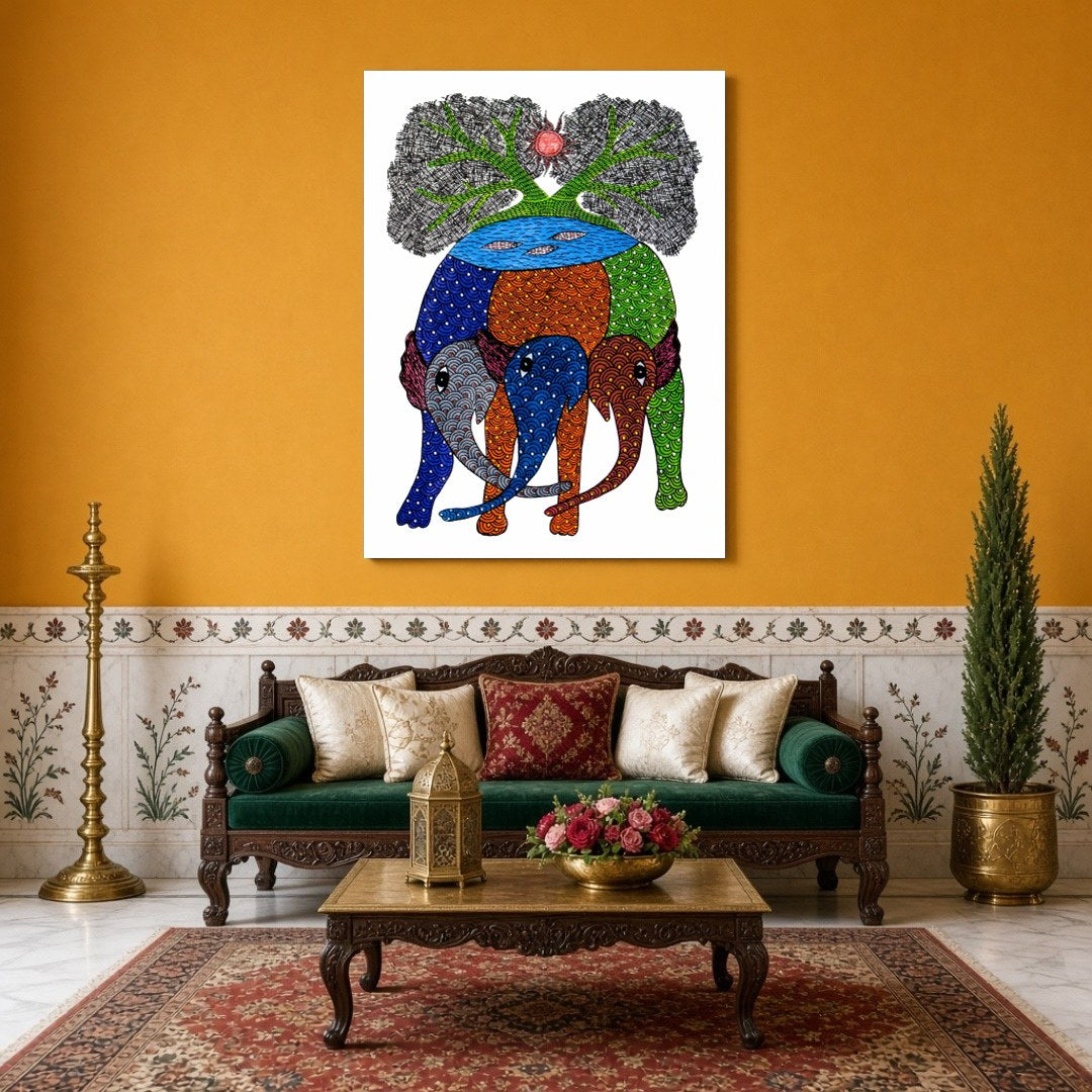 Discover the vibrant symphony of nature with this exquisite Gond artwork, depicting majestic for Sitting Area