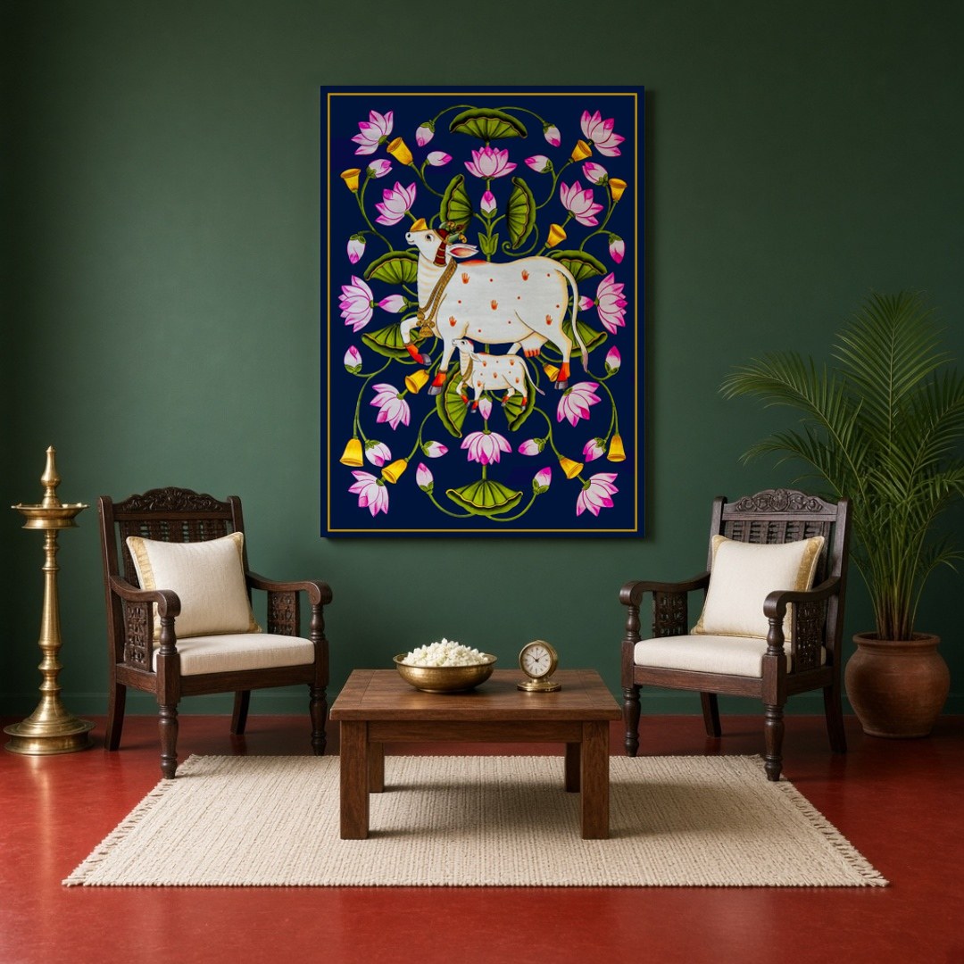 This exquisite Pichwai art piece captures the serene grace of Kamdhenu and her calf amidst a for Sitting Area