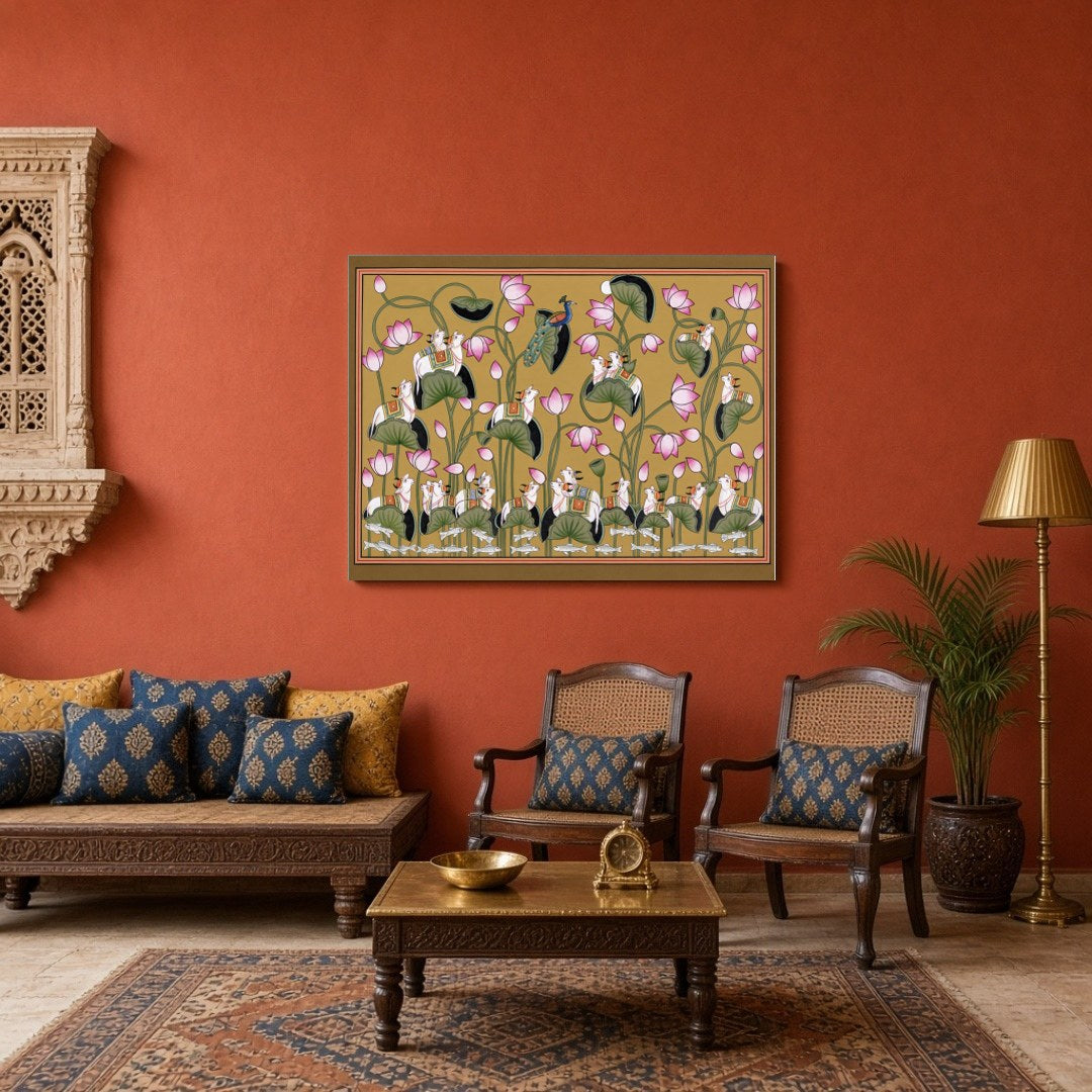 Capture the essence of harmony and abundance with this exquisite Pichwai artwork, featuring the for Sitting Area