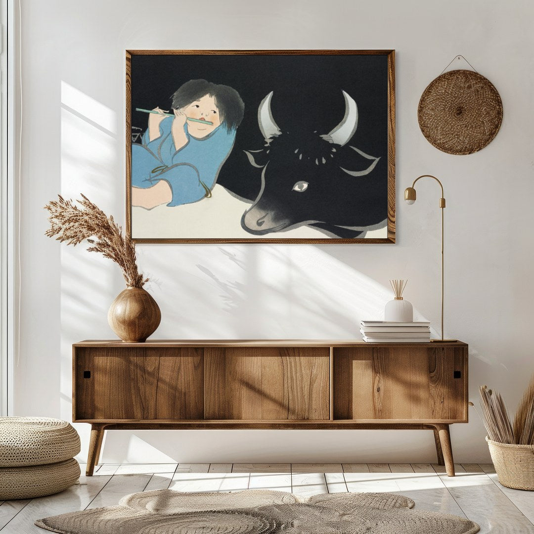 This captivating artwork depicts serene harmony between a young figure playing a flute and a for Sitting Area