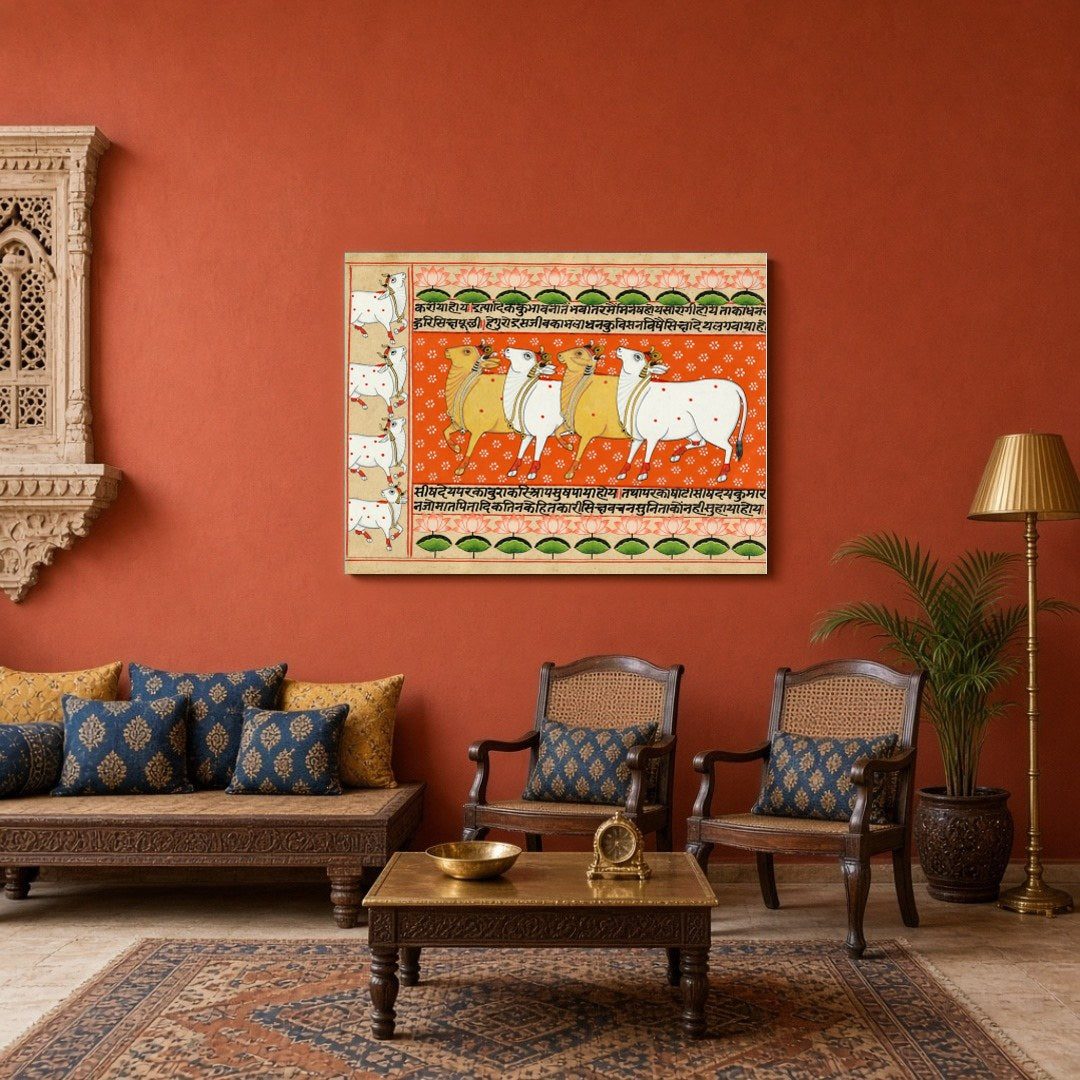 Immerse yourself in the vibrant tapestry of the 'Harmony of Kamdhenu and Lotus: Orange Pichwai for Sitting Area
