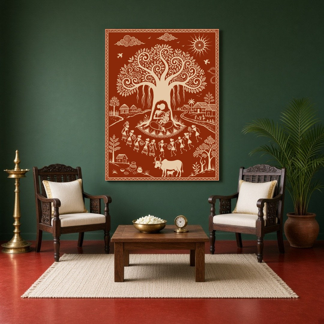 Immerse yourself in the tranquil village life depicted in this captivating Warli art piece, where for Sitting Area