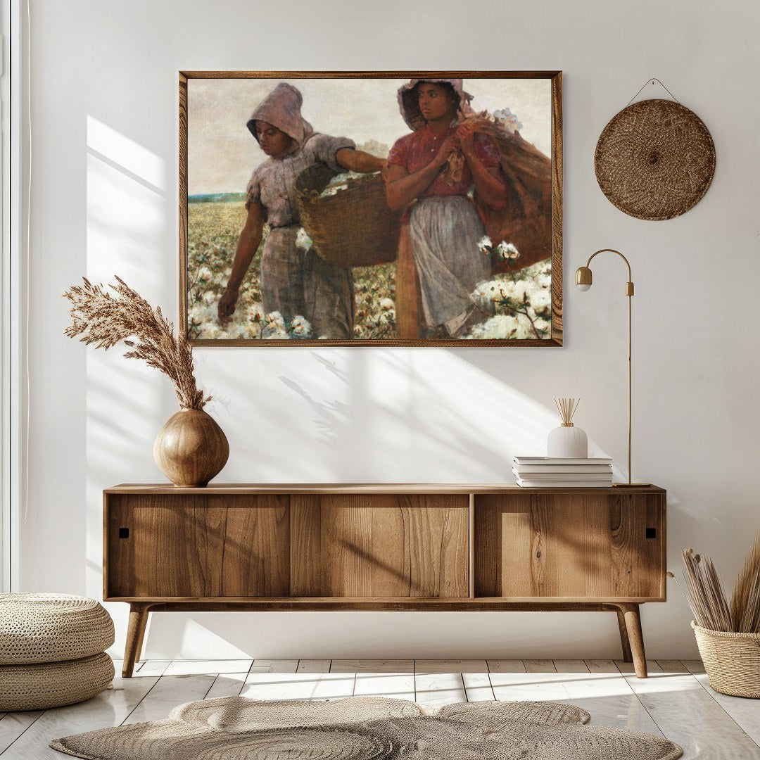 Immerse yourself in the serene landscape of two women laboring in a vast cotton field. The warm, for Sitting Area