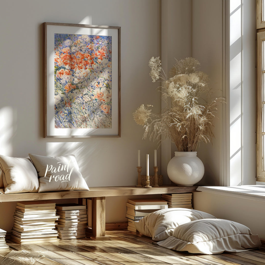 This painting, reminiscent of Childe Hassam's impressionistic style, captures a vibrant field of fl… for living room