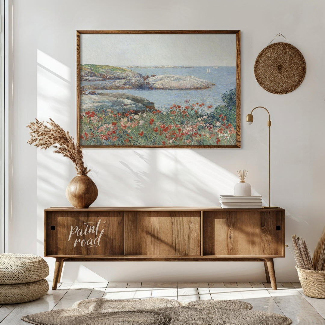 "This painting, ""Poppies, Isles of Shoals"" by Childe Hassam, captures a serene coastal scene with… for living room