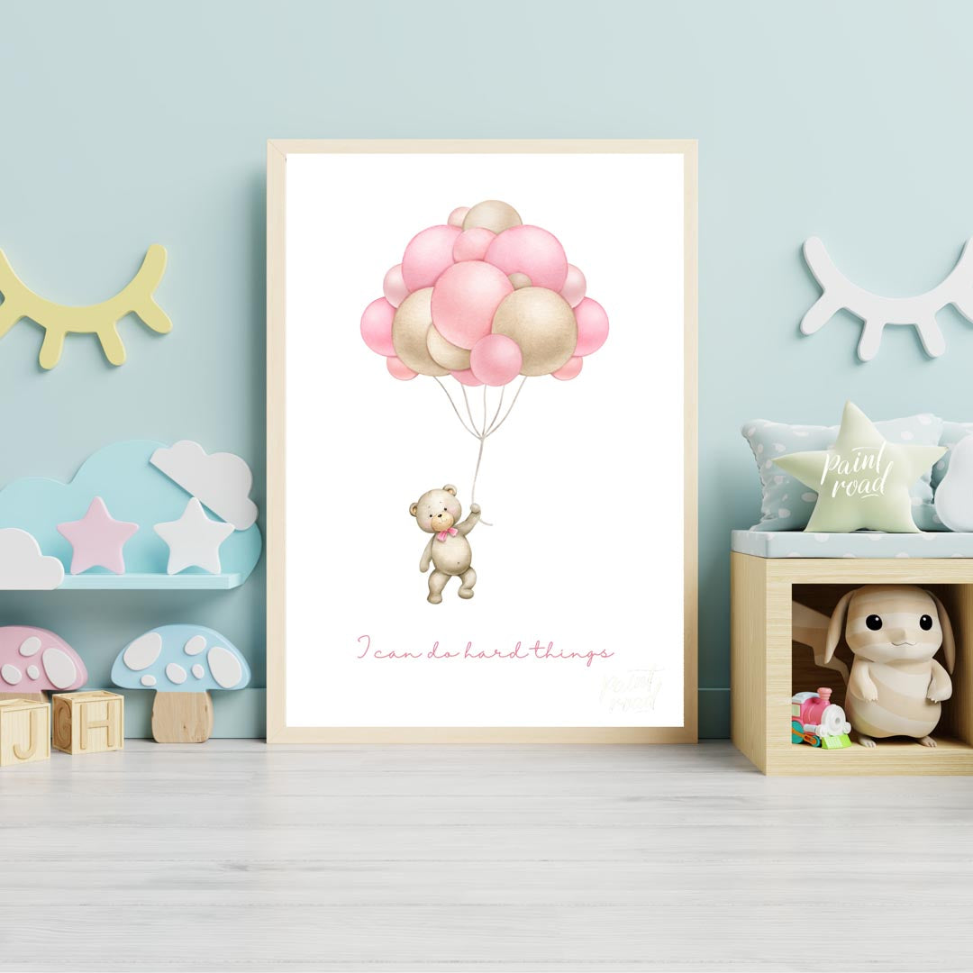 This inspiring and sweet illustration features a charming teddy bear, holding onto the strings of a… for nursery