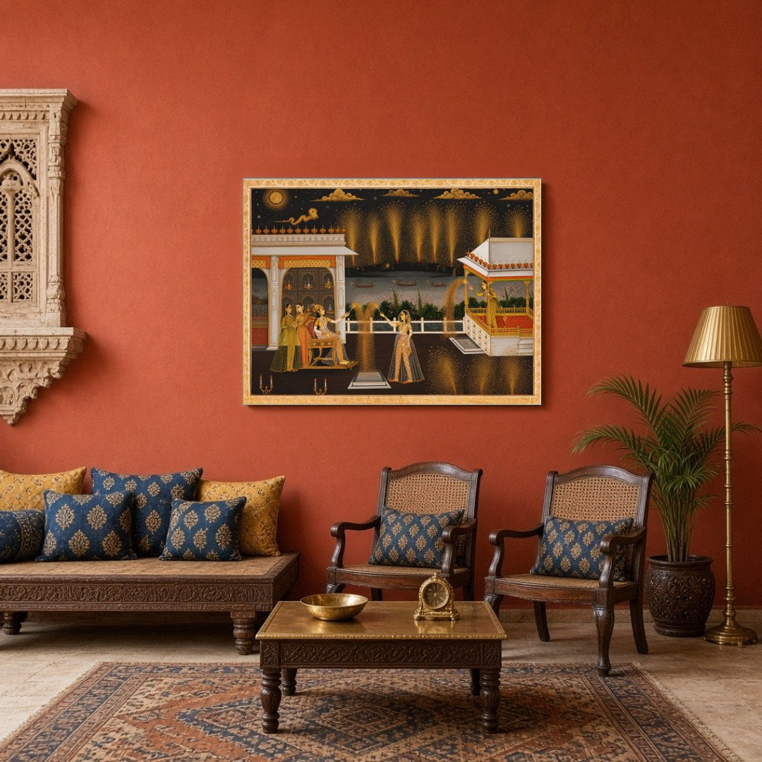Exquisitely capturing the vibrant spirit of celebration, this Indian Miniature artwork showcases for Sitting Area