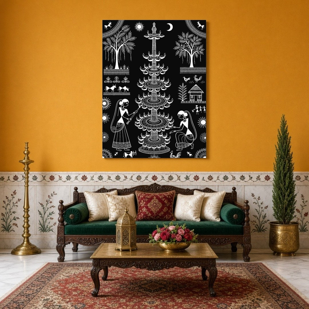 Experience the enchanting rhythm of traditional village life with this captivating Warli art print. for Sitting Area