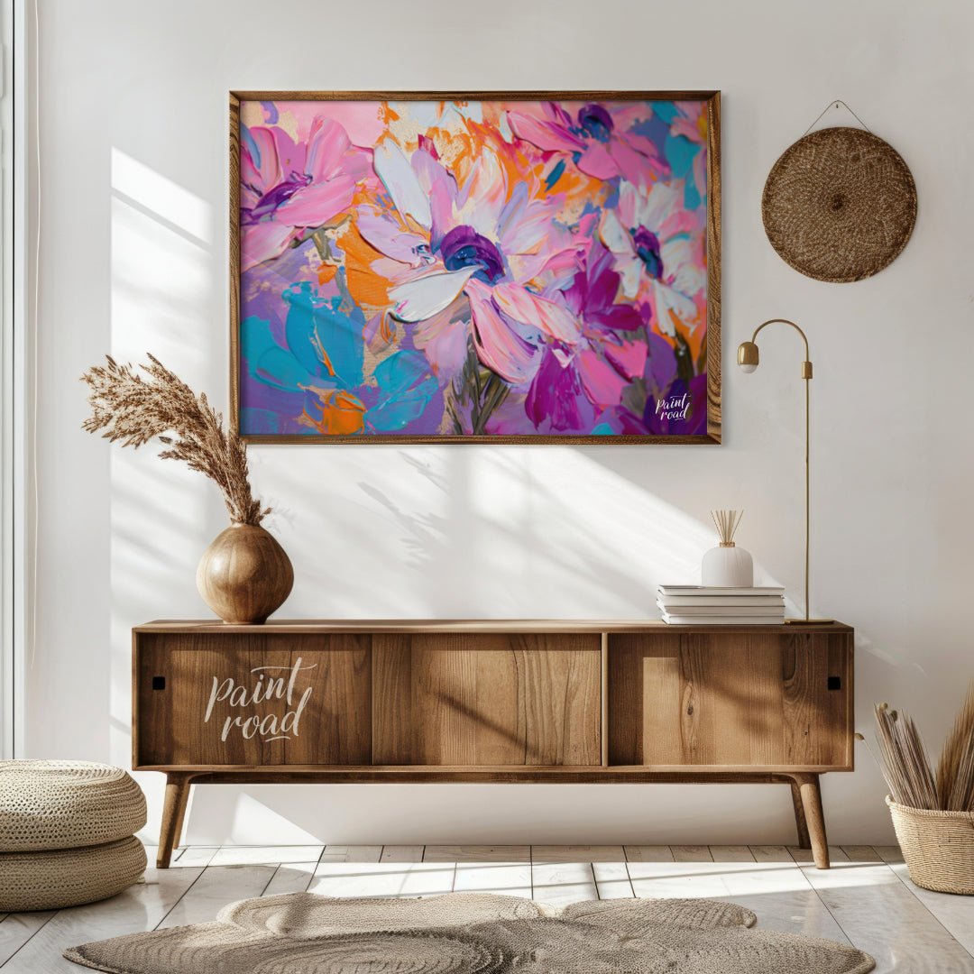 "Impasto Bloom" presents a close-up view of vibrant flowers rendered in thick, textured impasto pai… for living room