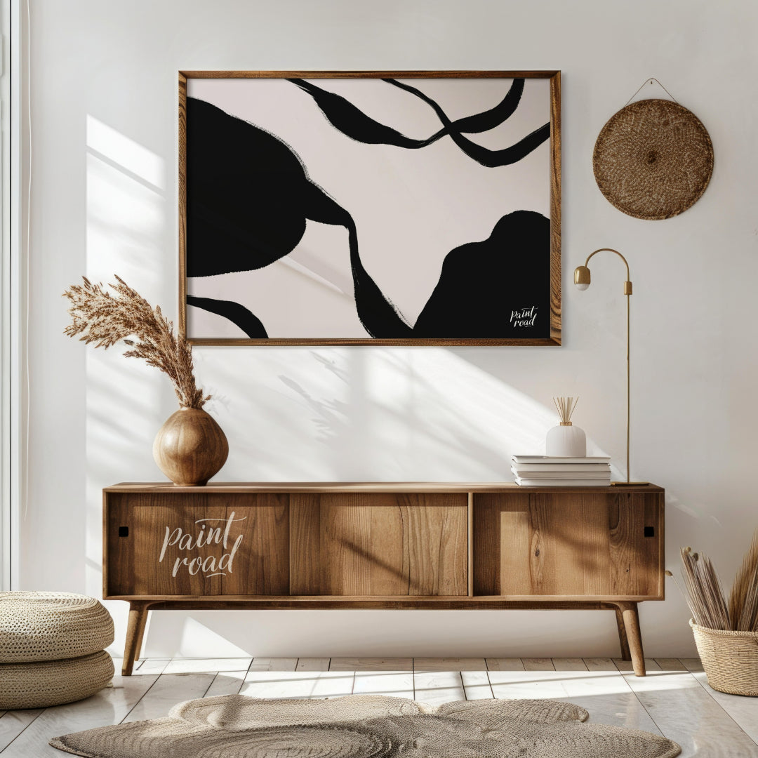 "Ink Echoes" presents a minimalist abstract composition with bold black ink forms against a soft, l… for living room
