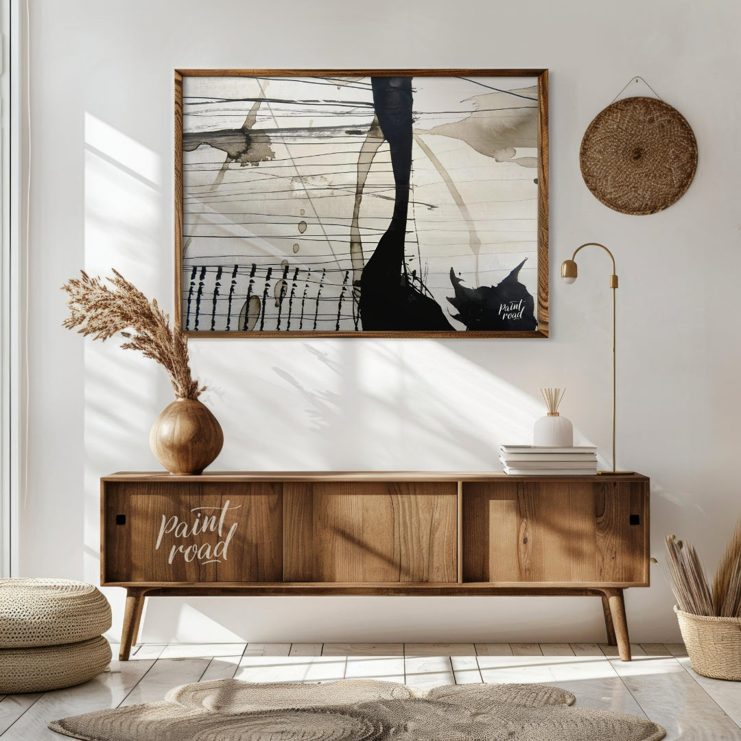 This abstract artwork features a dynamic interplay of ink washes, lines, and splatters against a li… for living room