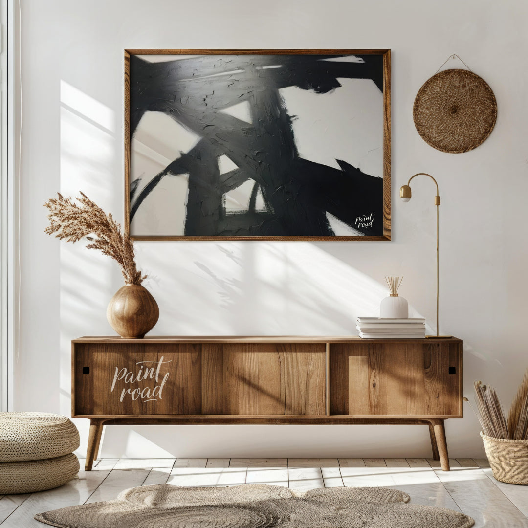 " ""Ink Impact"" presents a dynamic abstract composition with bold black strokes against a light ba… for living room