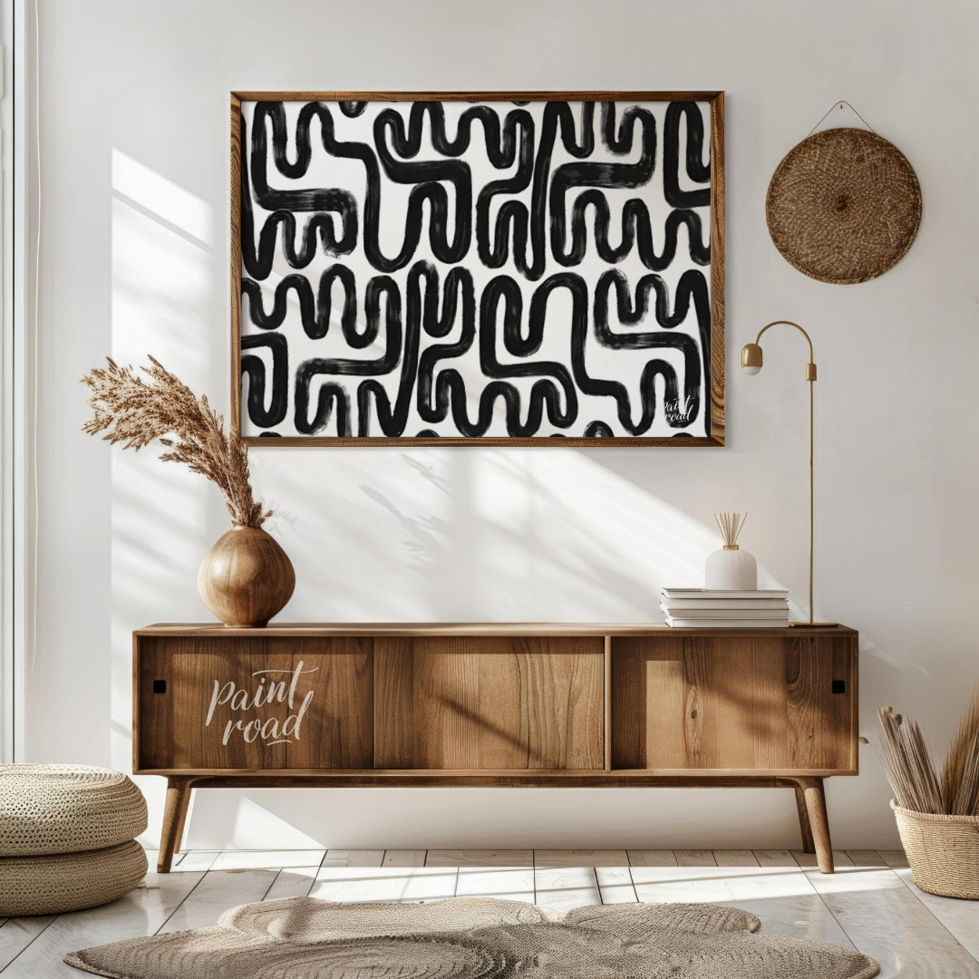 """Ink Maze"" presents a bold, abstract pattern of thick black lines against a stark white backgrou… for living room