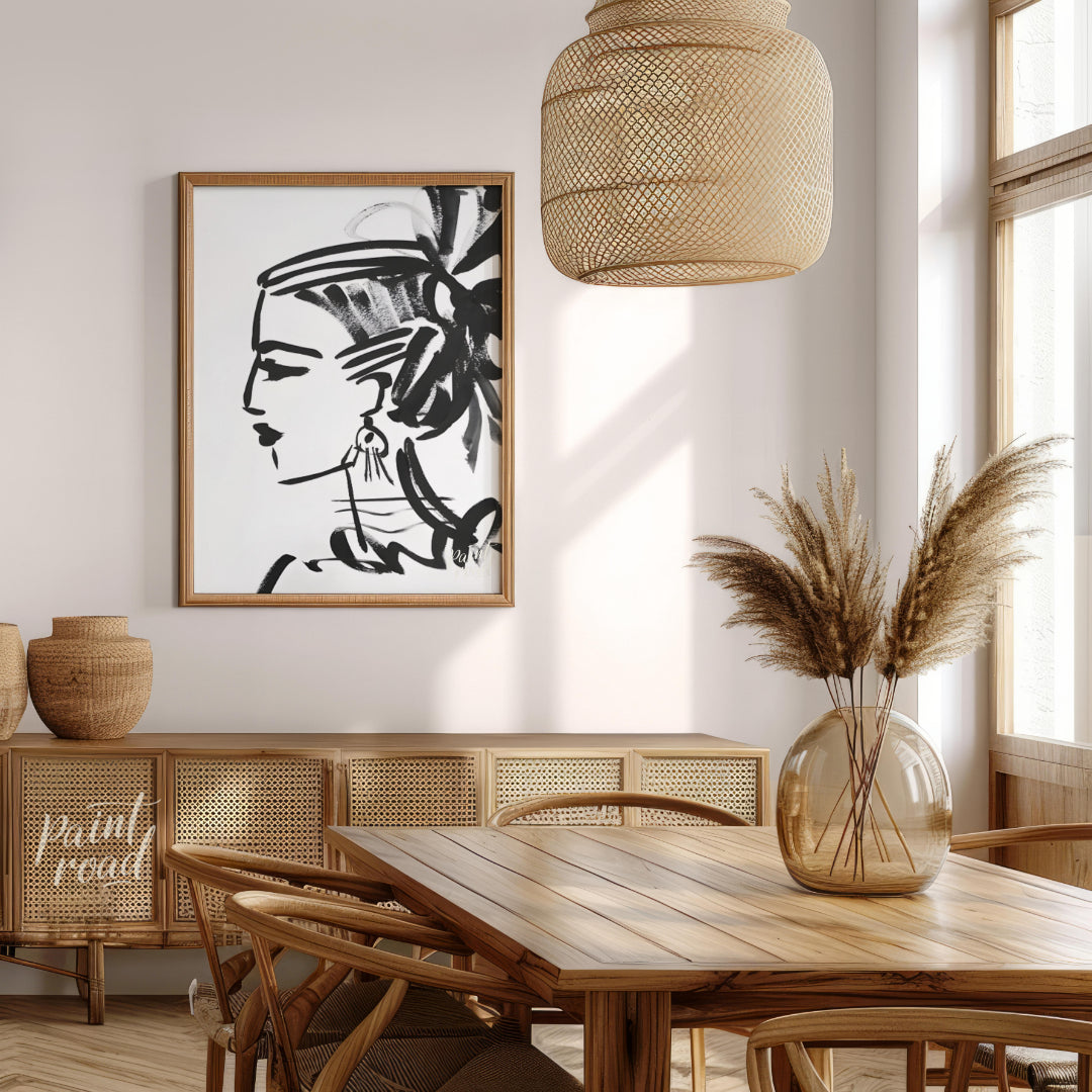"""Ink Profile"" presents a striking portrait sketch rendered in bold black ink against a clean whi… for dining room