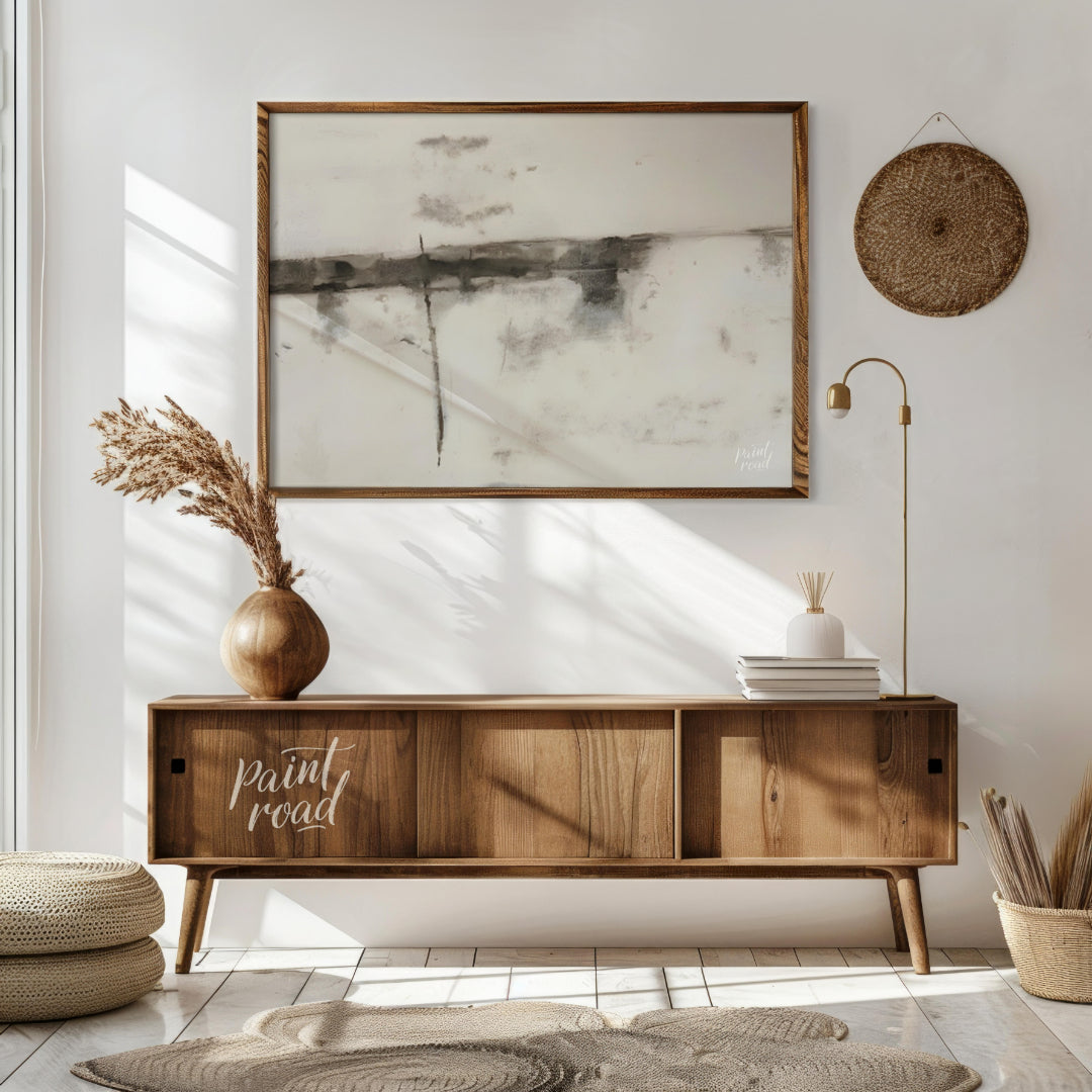 """Ink Veils"" presents a minimalist composition of soft, diffused ink marks against a textured, of… for living room